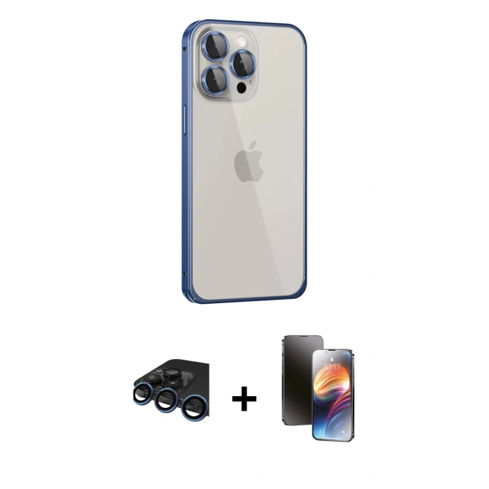 MARSİLYAN™- iPhone 15 Pro Max Kılıf Eksen Form Serisi - Siyah 3D Antistatik Mat Seramik Nano Ekran Koruyucu + Raze Metal Kamera Lens - LT