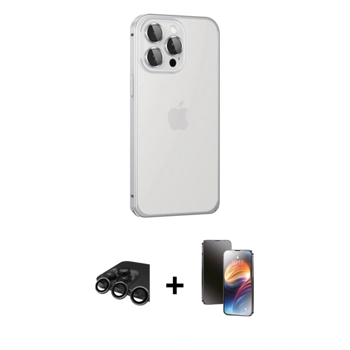 MARSİLYAN™- iPhone 15 Pro Max Kılıf Eksen Form Serisi - Siyah 3D Antistatik Mat Seramik Nano Ekran Koruyucu + Raze Metal Kamera Lens - TMGI