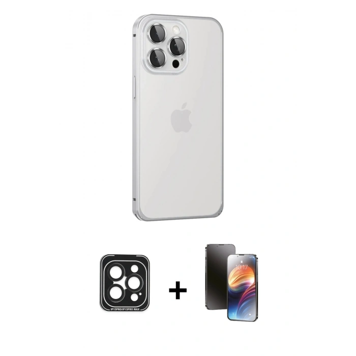 MARSİLYAN™- iPhone 15 Pro Max Kılıf Eksen Form Serisi - Siyah 3D Antistatik Mat Seramik Nano Ekran Koruyucu + PVD Metal Kamera Lens - SH