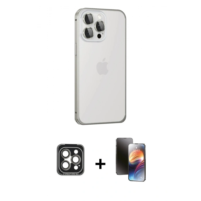 MARSİLYAN™- iPhone 15 Pro Max Kılıf Eksen Form Serisi - Siyah 3D Antistatik Mat Seramik Nano Ekran Koruyucu + PVD Metal Kamera Lens - GI