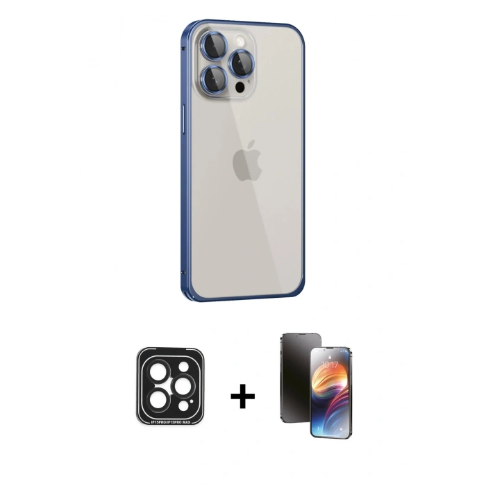 MARSİLYAN™- iPhone 15 Pro Max Kılıf Eksen Form Serisi - Siyah 3D Antistatik Mat Seramik Nano Ekran Koruyucu + PVD Metal Kamera Lens - SH