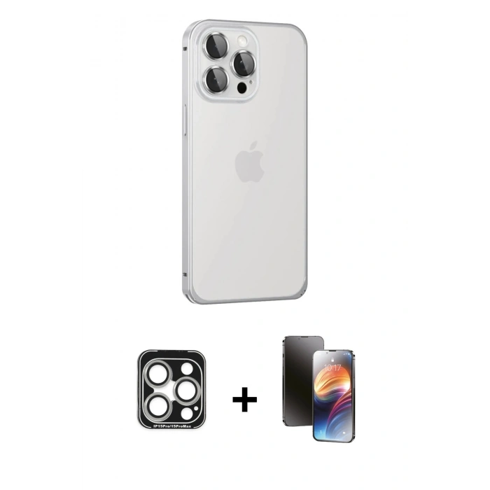 MARSİLYAN™- iPhone 15 Pro Max Kılıf Eksen Form Serisi - Siyah 3D Antistatik Mat Seramik Nano Ekran Koruyucu + PVD Metal Kamera Lens - GS