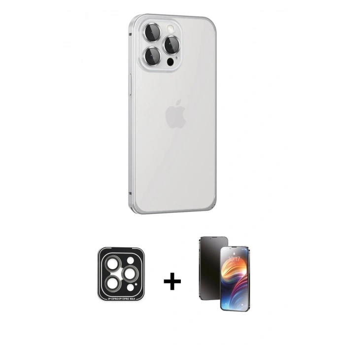 MARSİLYAN™- iPhone 15 Pro Max Kılıf Eksen Form Serisi - Siyah 3D Antistatik Mat Seramik Nano Ekran Koruyucu + PVD Metal Kamera Lens - GI