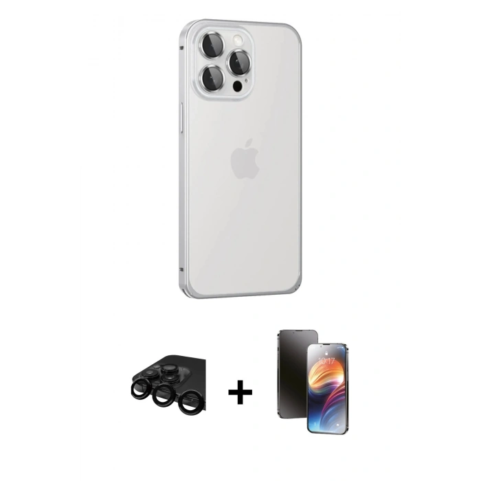 MARSİLYAN™- iPhone 15 Pro Max Kılıf Eksen Form Serisi - Siyah 3D Antistatik Mat Seramik Nano Ekran Koruyucu + Raze Metal Kamera Lens - SH