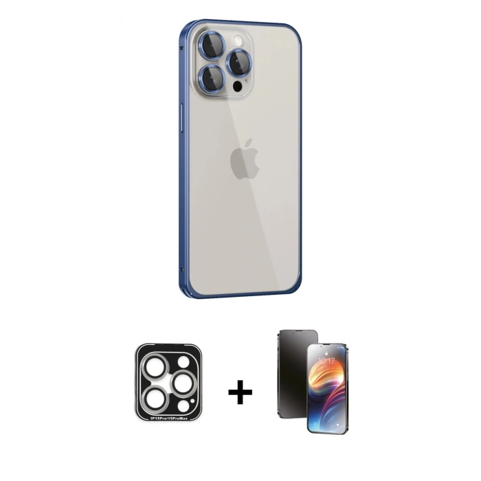 MARSİLYAN™- iPhone 15 Pro Max Kılıf Eksen Form Serisi - Siyah 3D Antistatik Mat Seramik Nano Ekran Koruyucu + PVD Metal Kamera Lens - GS