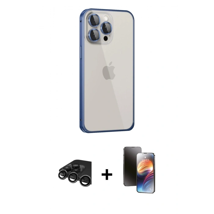 MARSİLYAN™- iPhone 15 Pro Max Kılıf Eksen Form Serisi - Siyah 3D Antistatik Mat Seramik Nano Ekran Koruyucu + Raze Metal Kamera Lens - TMGI