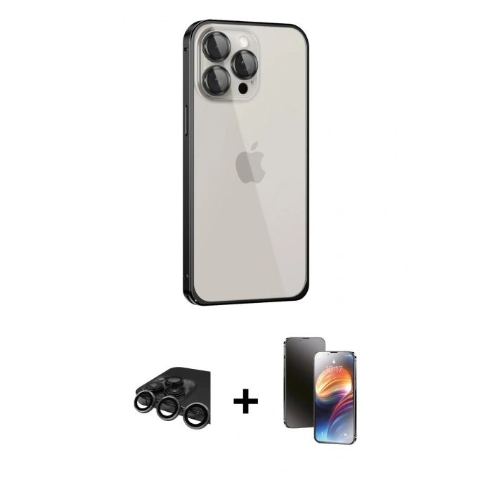 MARSİLYAN™- iPhone 15 Pro Max Kılıf Eksen Form Serisi - Siyah 3D Antistatik Mat Seramik Nano Ekran Koruyucu + Raze Metal Kamera Lens - TMGI