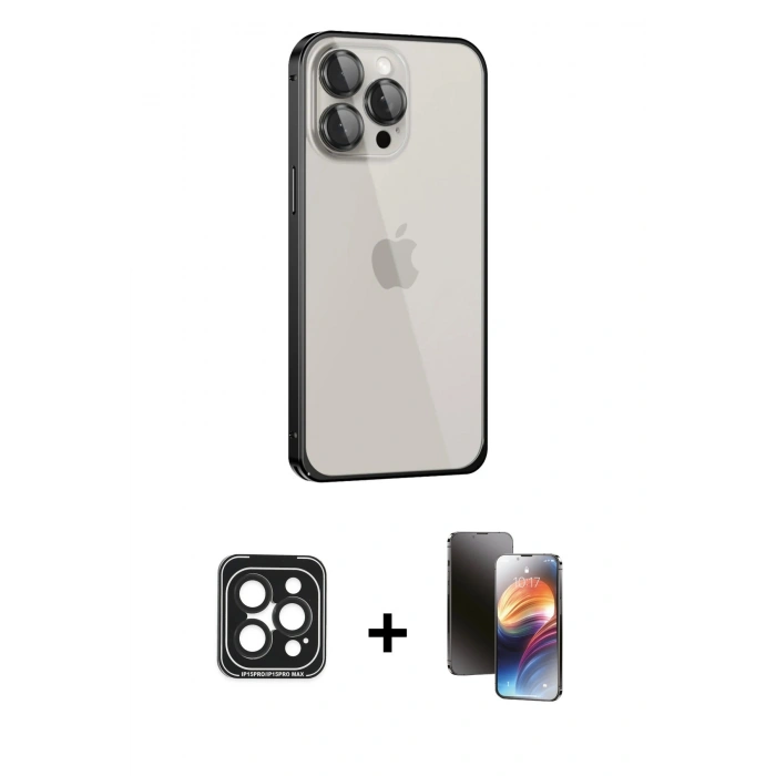 MARSİLYAN™- iPhone 15 Pro Max Kılıf Eksen Form Serisi - Siyah 3D Antistatik Mat Seramik Nano Ekran Koruyucu + Siyah PVD Metal Kamera Lens