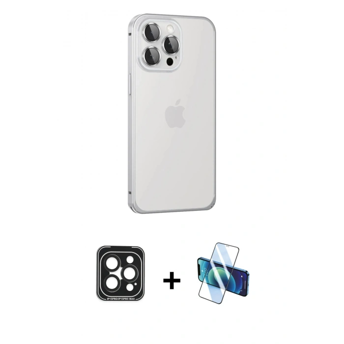 MARSİLYAN™- iPhone 15 Pro Max Kılıf Eksen Form Serisi - Siyah 3D Antistatik Seramik Nano Ekran Koruyucu + PVD Metal Kamera Lens - SH