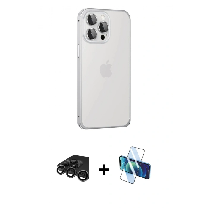 MARSİLYAN™- iPhone 15 Pro Max Kılıf Eksen Form Serisi - Siyah 3D Antistatik Seramik Nano Ekran Koruyucu + Raze Metal Kamera Lens - TMGI