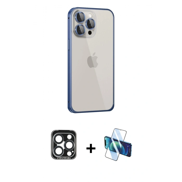 MARSİLYAN™- iPhone 15 Pro Max Kılıf Eksen Form Serisi - Siyah 3D Antistatik Seramik Nano Ekran Koruyucu + PVD Metal Kamera Lens - LT