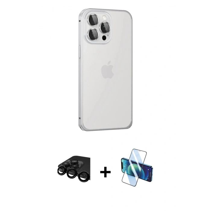 MARSİLYAN™- iPhone 15 Pro Max Kılıf Eksen Form Serisi - Siyah 3D Antistatik Seramik Nano Ekran Koruyucu + Raze Metal Kamera Lens - SH