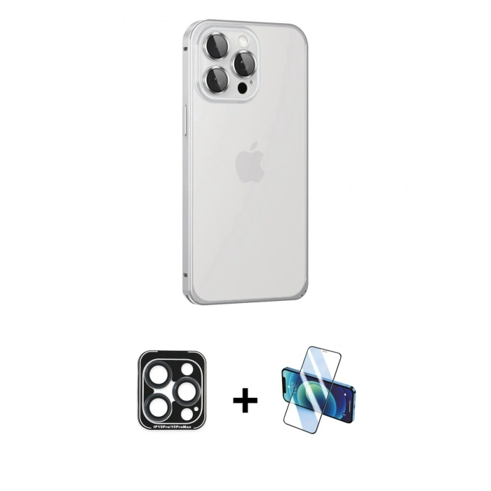 MARSİLYAN™- iPhone 15 Pro Max Kılıf Eksen Form Serisi - Siyah 3D Antistatik Seramik Nano Ekran Koruyucu + PVD Metal Kamera Lens - LT