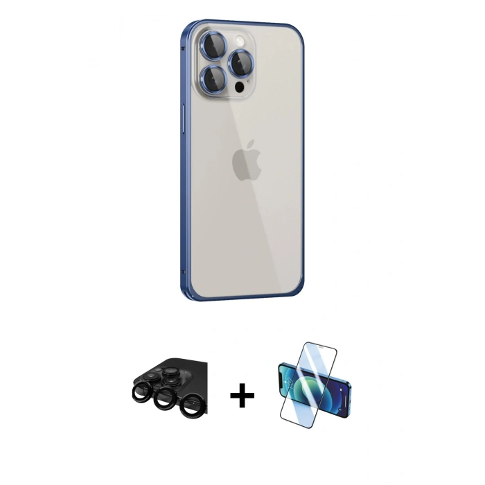 MARSİLYAN™- iPhone 15 Pro Max Kılıf Eksen Form Serisi - Siyah 3D Antistatik Seramik Nano Ekran Koruyucu + Raze Metal Kamera Lens - SH
