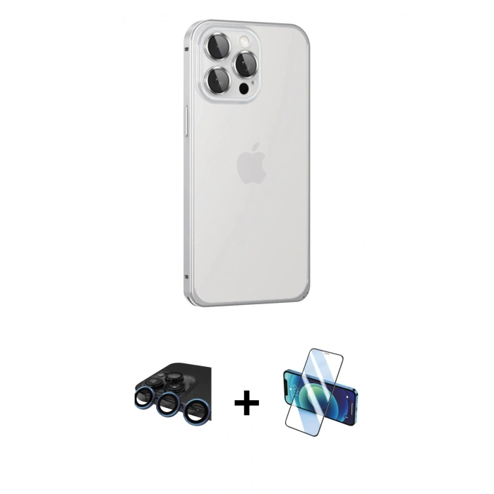 MARSİLYAN™- iPhone 15 Pro Max Kılıf Eksen Form Serisi - Siyah 3D Antistatik Seramik Nano Ekran Koruyucu + Raze Metal Kamera Lens - LT