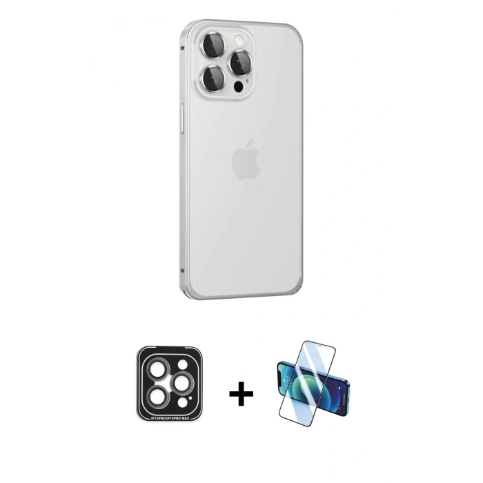 MARSİLYAN™- iPhone 15 Pro Max Kılıf Eksen Form Serisi - Siyah 3D Antistatik Seramik Nano Ekran Koruyucu + PVD Metal Kamera Lens - GI