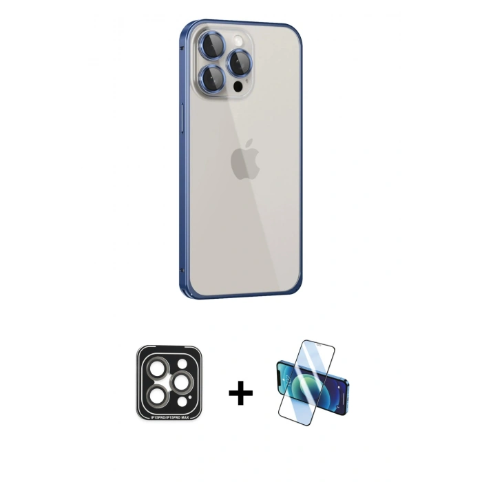 MARSİLYAN™- iPhone 15 Pro Max Kılıf Eksen Form Serisi - Siyah 3D Antistatik Seramik Nano Ekran Koruyucu + PVD Metal Kamera Lens - GI