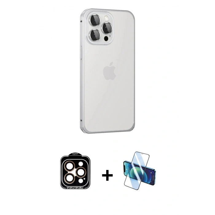 MARSİLYAN™- iPhone 15 Pro Max Kılıf Eksen Form Serisi - Siyah 3D Antistatik Seramik Nano Ekran Koruyucu + PVD Metal Kamera Lens - TU