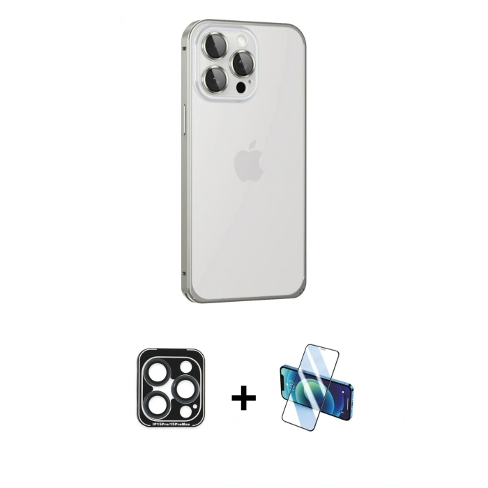 MARSİLYAN™- iPhone 15 Pro Max Kılıf Eksen Form Serisi - Siyah 3D Antistatik Seramik Nano Ekran Koruyucu + PVD Metal Kamera Lens - LT