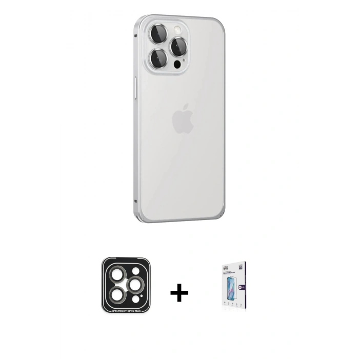 MARSİLYAN™- iPhone 15 Pro Max Kılıf Eksen Form Serisi - Siyah Bilvis 0.18mm Plus Cam Ekran Koruyucu + Gri PVD Metal Kamera Lens