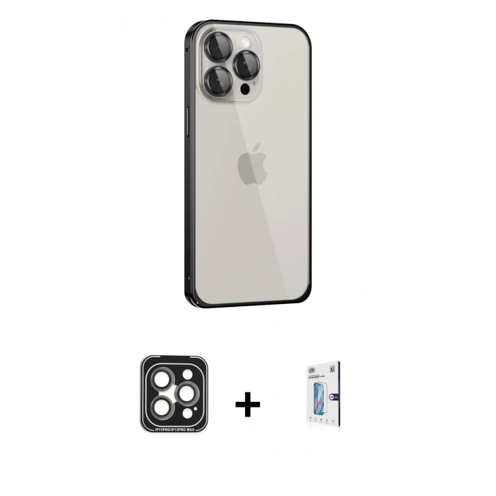 MARSİLYAN™- iPhone 15 Pro Max Kılıf Eksen Form Serisi - Siyah Bilvis 0.18mm Plus Cam Ekran Koruyucu + Gri PVD Metal Kamera Lens