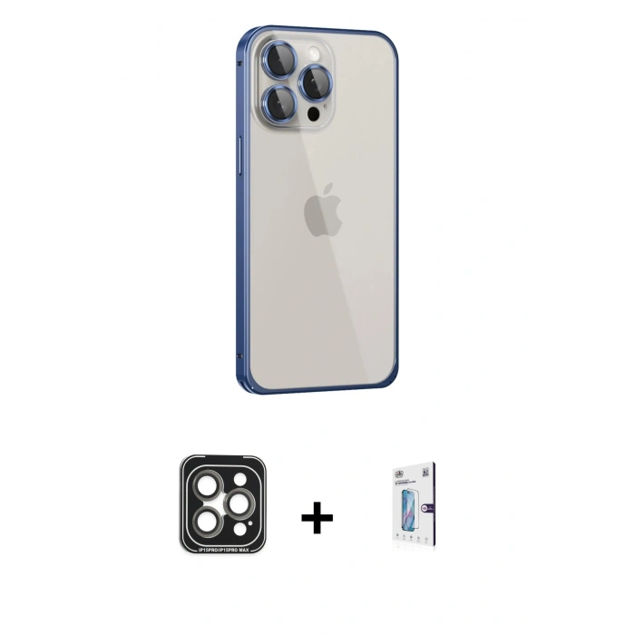 MARSİLYAN™- iPhone 15 Pro Max Kılıf Eksen Form Serisi - Siyah Bilvis 0.18mm Plus Cam Ekran Koruyucu + Gri PVD Metal Kamera Lens
