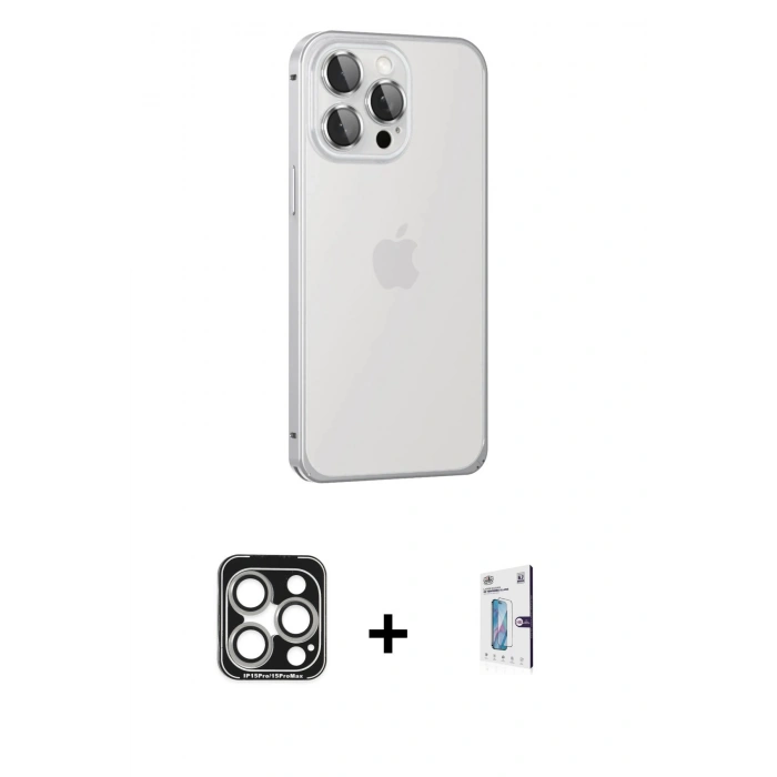MARSİLYAN™- iPhone 15 Pro Max Kılıf Eksen Form Serisi - Siyah Bilvis 0.18mm Plus Cam Ekran Koruyucu + PVD Metal Kamera Lens - GS