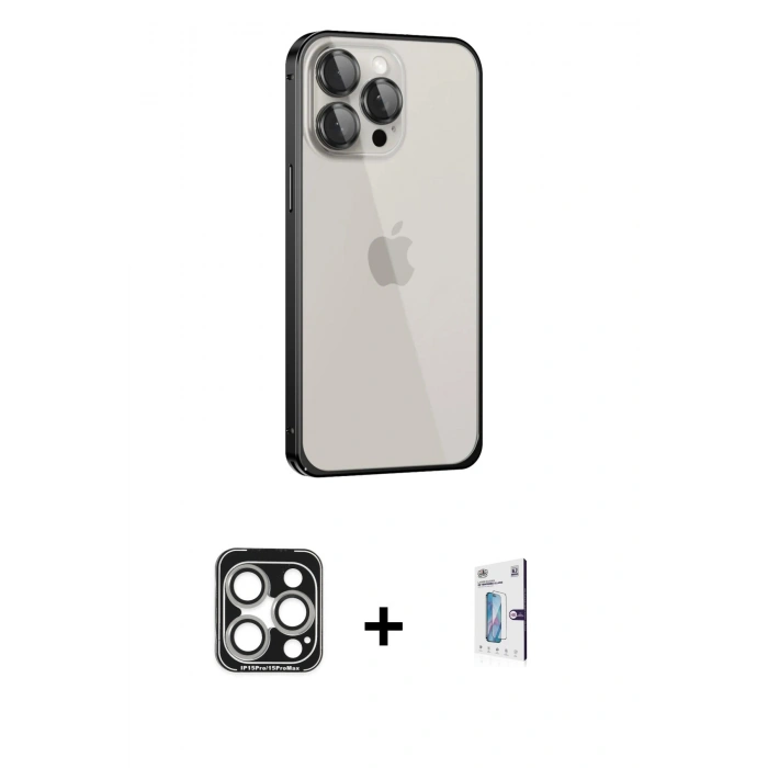 MARSİLYAN™- iPhone 15 Pro Max Kılıf Eksen Form Serisi - Siyah Bilvis 0.18mm Plus Cam Ekran Koruyucu + PVD Metal Kamera Lens - GS