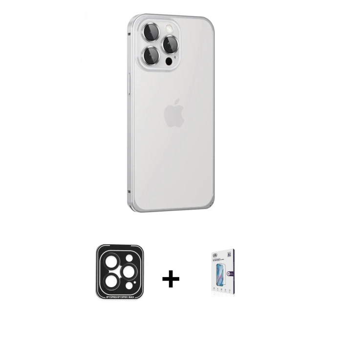 MARSİLYAN™- iPhone 15 Pro Max Kılıf Eksen Form Serisi - Siyah Bilvis 0.18mm Plus Cam Ekran Koruyucu + PVD Metal Kamera Lens - SH
