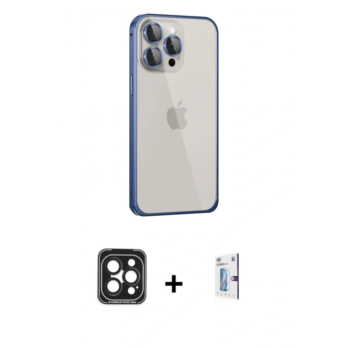 MARSİLYAN™- iPhone 15 Pro Max Kılıf Eksen Form Serisi - Siyah Bilvis 0.18mm Plus Cam Ekran Koruyucu + PVD Metal Kamera Lens - SH