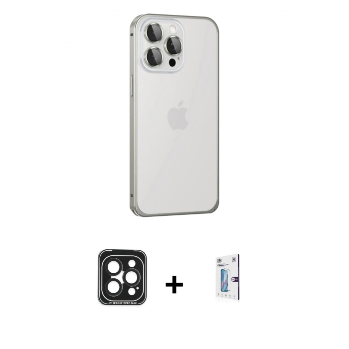 MARSİLYAN™- iPhone 15 Pro Max Kılıf Eksen Form Serisi - Siyah Bilvis 0.18mm Plus Cam Ekran Koruyucu + PVD Metal Kamera Lens - SH
