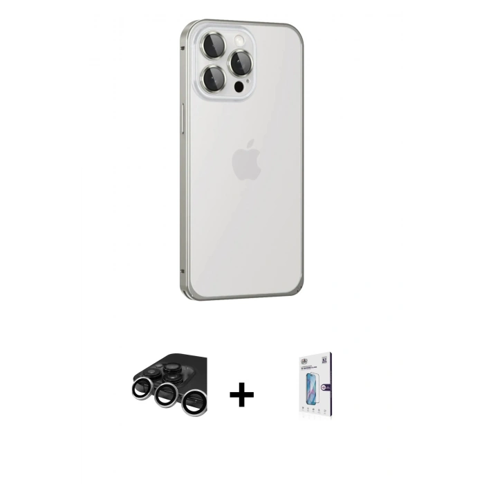 MARSİLYAN™- iPhone 15 Pro Max Kılıf Eksen Form Serisi - Siyah Bilvis 0.18mm Plus Cam Ekran Koruyucu + Raze Metal Kamera Lens - GS