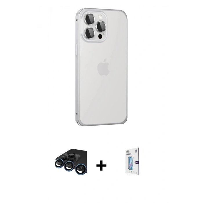 MARSİLYAN™- iPhone 15 Pro Max Kılıf Eksen Form Serisi - Siyah Bilvis 0.18mm Plus Cam Ekran Koruyucu + Raze Metal Kamera Lens - LT