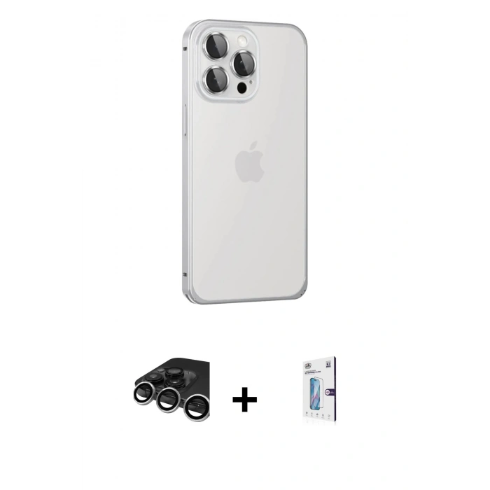 MARSİLYAN™- iPhone 15 Pro Max Kılıf Eksen Form Serisi - Siyah Bilvis 0.18mm Plus Cam Ekran Koruyucu + Raze Metal Kamera Lens - GS