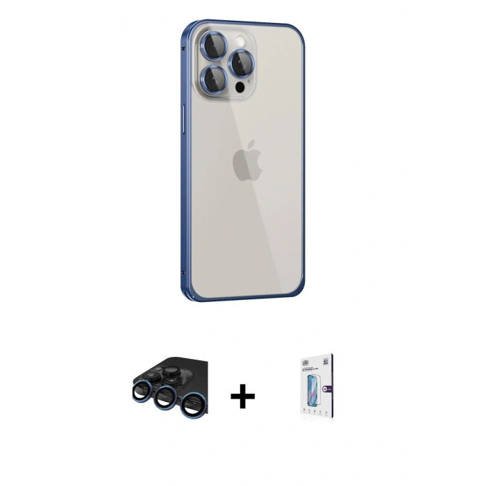 MARSİLYAN™- iPhone 15 Pro Max Kılıf Eksen Form Serisi - Siyah Bilvis 0.18mm Plus Cam Ekran Koruyucu + Raze Metal Kamera Lens - LT