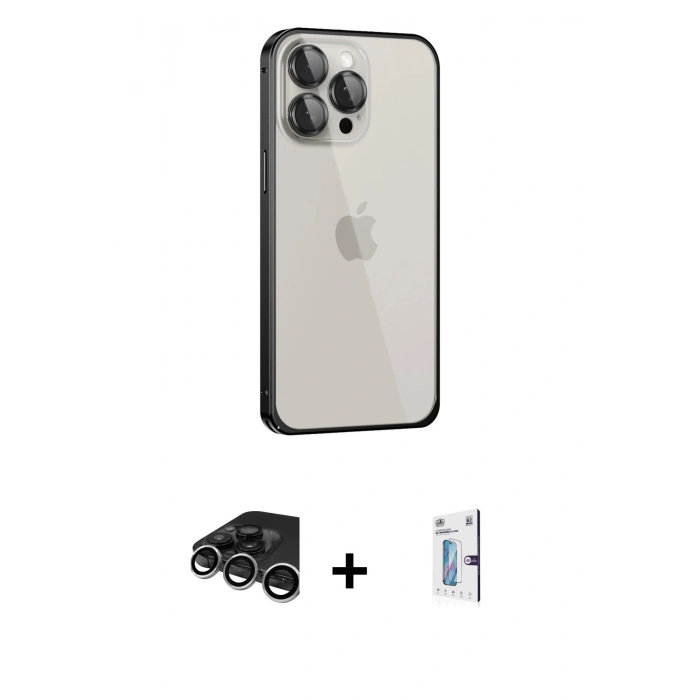 MARSİLYAN™- iPhone 15 Pro Max Kılıf Eksen Form Serisi - Siyah Bilvis 0.18mm Plus Cam Ekran Koruyucu + Raze Metal Kamera Lens - GS