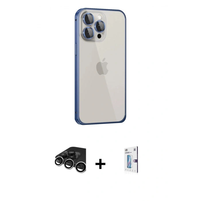 MARSİLYAN™- iPhone 15 Pro Max Kılıf Eksen Form Serisi - Siyah Bilvis 0.18mm Plus Cam Ekran Koruyucu + Raze Metal Kamera Lens - GS