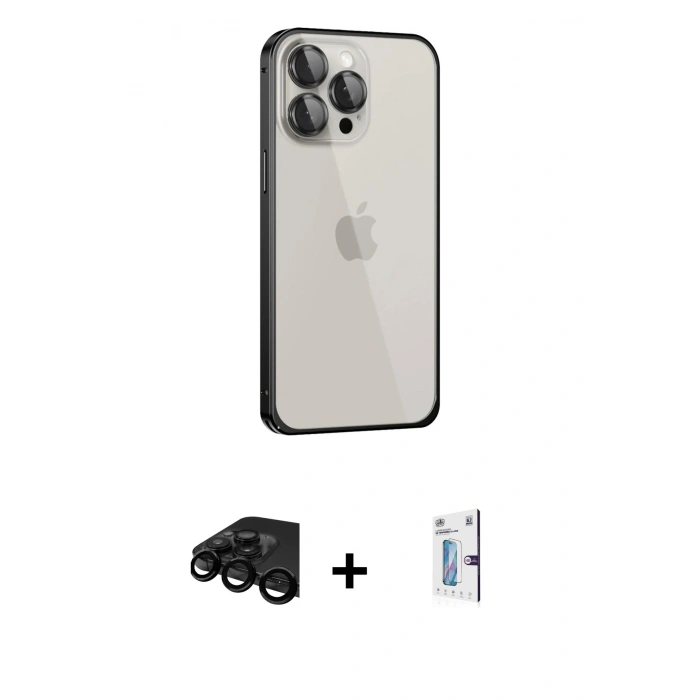 MARSİLYAN™- iPhone 15 Pro Max Kılıf Eksen Form Serisi - Siyah Bilvis 0.18mm Plus Cam Ekran Koruyucu + Raze Metal Kamera Lens - SH