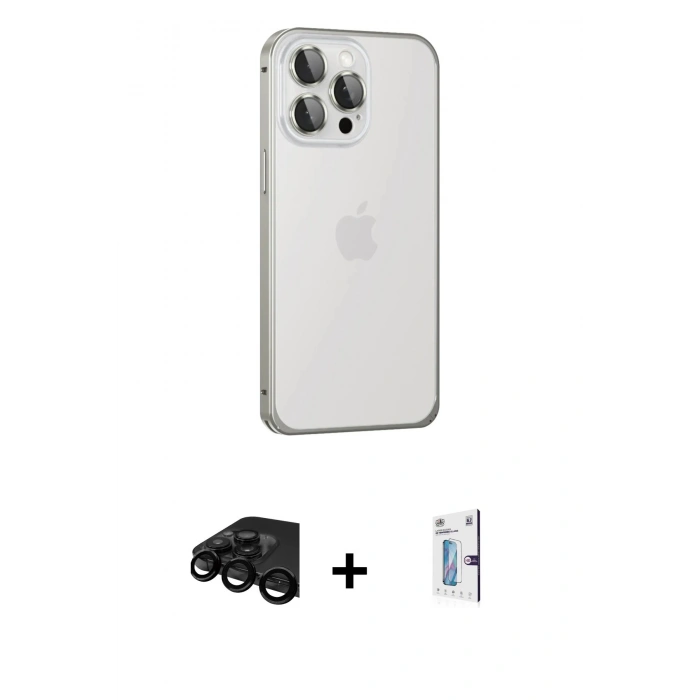 MARSİLYAN™- iPhone 15 Pro Max Kılıf Eksen Form Serisi - Siyah Bilvis 0.18mm Plus Cam Ekran Koruyucu + Raze Metal Kamera Lens - SH