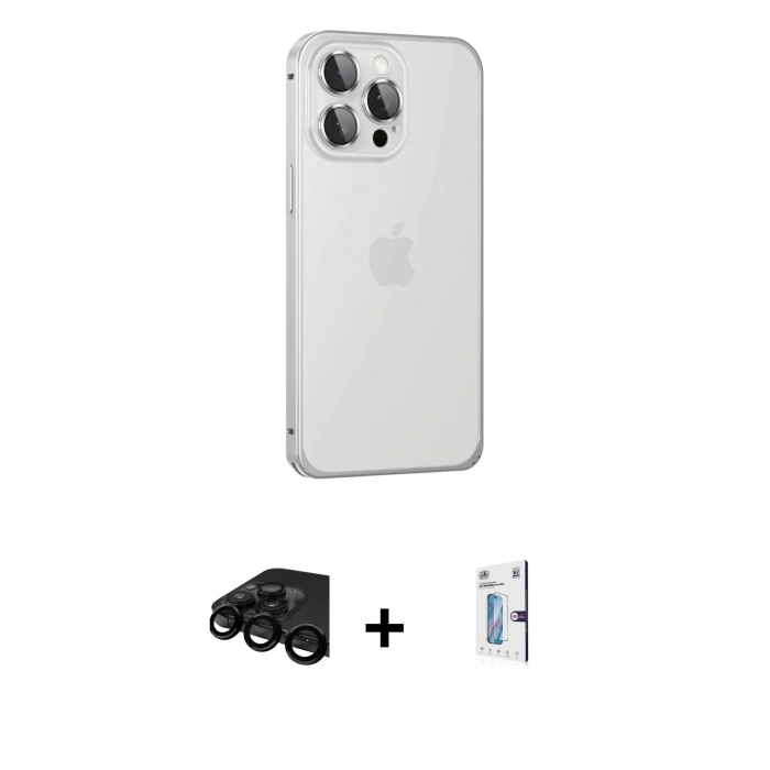 MARSİLYAN™- iPhone 15 Pro Max Kılıf Eksen Form Serisi - Siyah Bilvis 0.18mm Plus Cam Ekran Koruyucu + Raze Metal Kamera Lens - SH