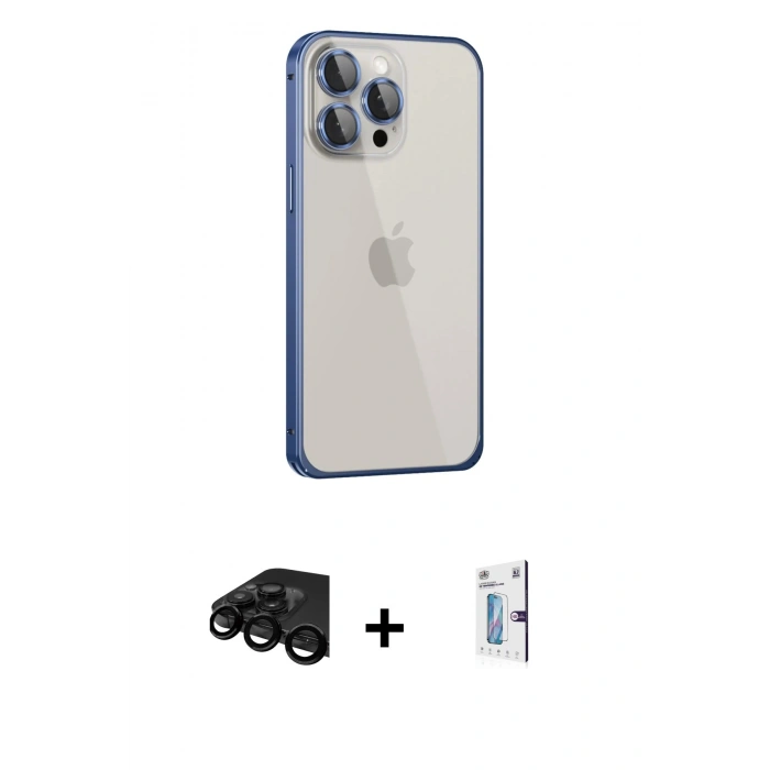 MARSİLYAN™- iPhone 15 Pro Max Kılıf Eksen Form Serisi - Siyah Bilvis 0.18mm Plus Cam Ekran Koruyucu + Raze Metal Kamera Lens - SH