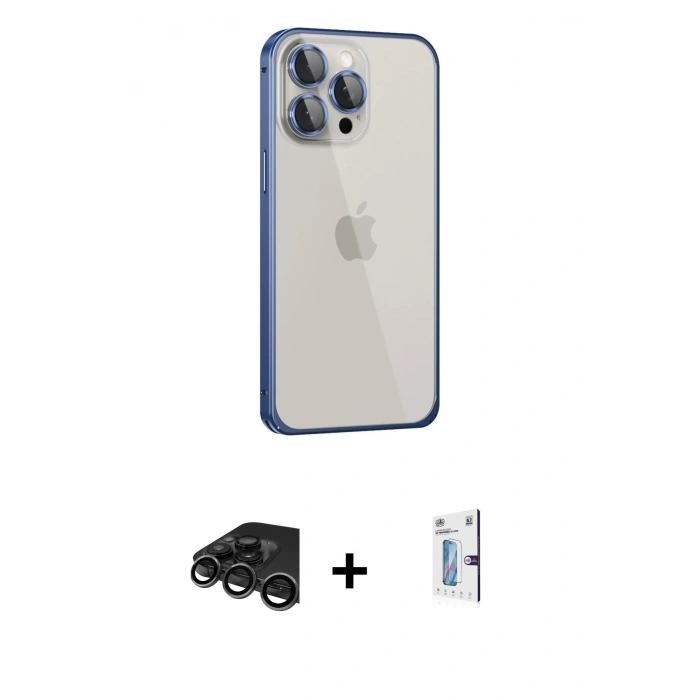 MARSİLYAN™- iPhone 15 Pro Max Kılıf Eksen Form Serisi - Siyah Bilvis 0.18mm Plus Cam Ekran Koruyucu + Titanyum Gri Raze Metal Kamera Lens