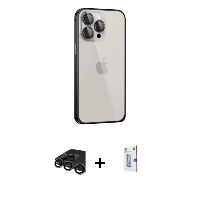 MARSİLYAN™- iPhone 15 Pro Max Kılıf Eksen Form Serisi - Siyah Bilvis 0.18mm Plus Cam Ekran Koruyucu + Titanyum Gri Raze Metal Kamera Lens