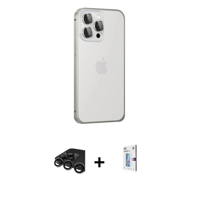 MARSİLYAN™- iPhone 15 Pro Max Kılıf Eksen Form Serisi - Siyah Bilvis 0.18mm Plus Cam Ekran Koruyucu + Titanyum Gri Raze Metal Kamera Lens