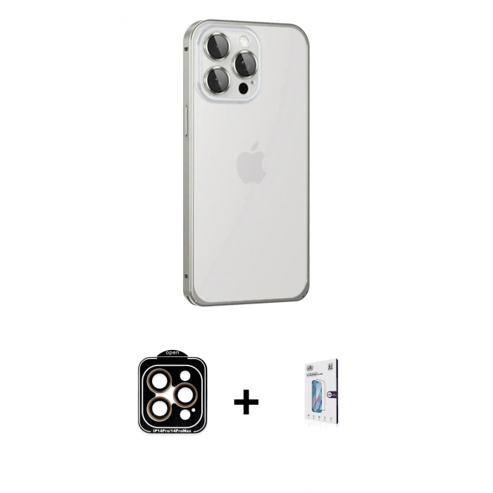MARSİLYAN™- iPhone 15 Pro Max Kılıf Eksen Form Serisi - Siyah Bilvis 0.18mm Plus Cam Ekran Koruyucu + PVD Metal Kamera Lens - TU