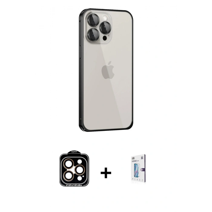 MARSİLYAN™- iPhone 15 Pro Max Kılıf Eksen Form Serisi - Siyah Bilvis 0.18mm Plus Cam Ekran Koruyucu + PVD Metal Kamera Lens - TU