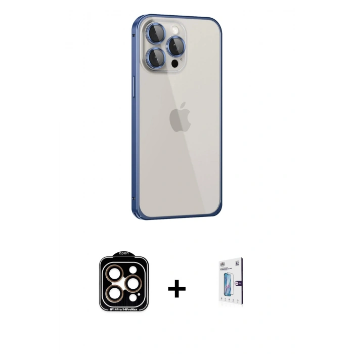 MARSİLYAN™- iPhone 15 Pro Max Kılıf Eksen Form Serisi - Siyah Bilvis 0.18mm Plus Cam Ekran Koruyucu + PVD Metal Kamera Lens - TU