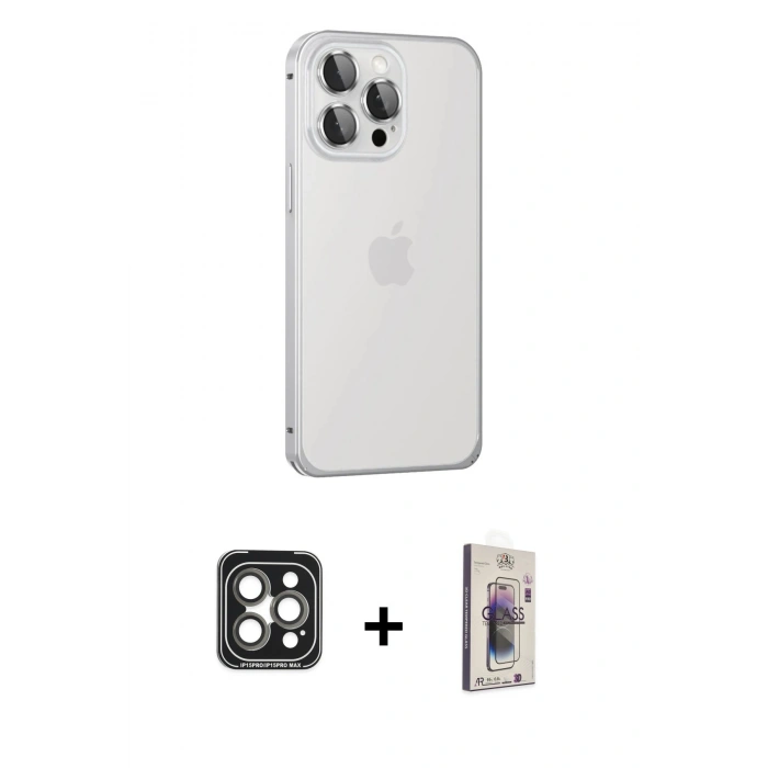MARSİLYAN™- iPhone 15 Pro Max Kılıf Eksen Form Serisi - Siyah Bilvis 3D Cam Ekran Koruyucu + PVD Metal Kamera Lens - GI