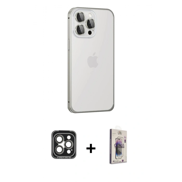 MARSİLYAN™- iPhone 15 Pro Max Kılıf Eksen Form Serisi - Siyah Bilvis 3D Cam Ekran Koruyucu + PVD Metal Kamera Lens - GI