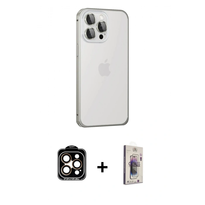 MARSİLYAN™- iPhone 15 Pro Max Kılıf Eksen Form Serisi - Siyah Bilvis 3D Cam Ekran Koruyucu + PVD Metal Kamera Lens - TU